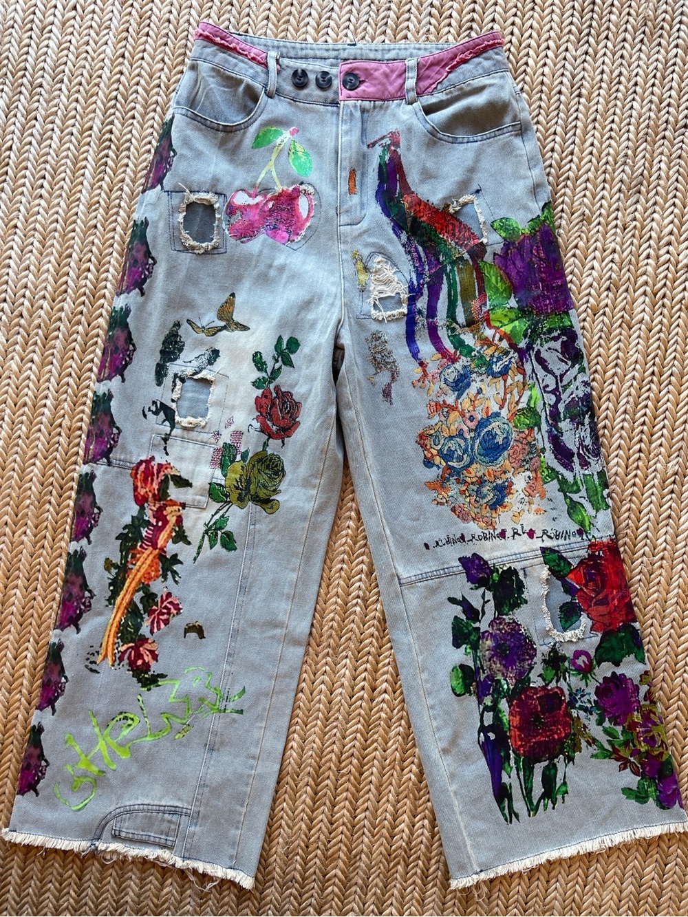 Magnolia Pearl Inspired Wide Leg Jean - Multicolor Floral Art - Adjustable Waist
